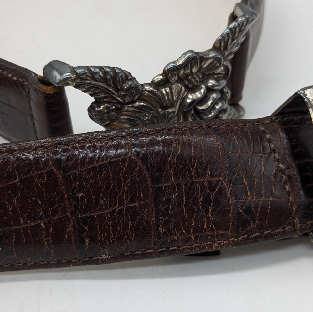 Brighton Brown Silver Floral Leather Belt L - Picture 4 of 7